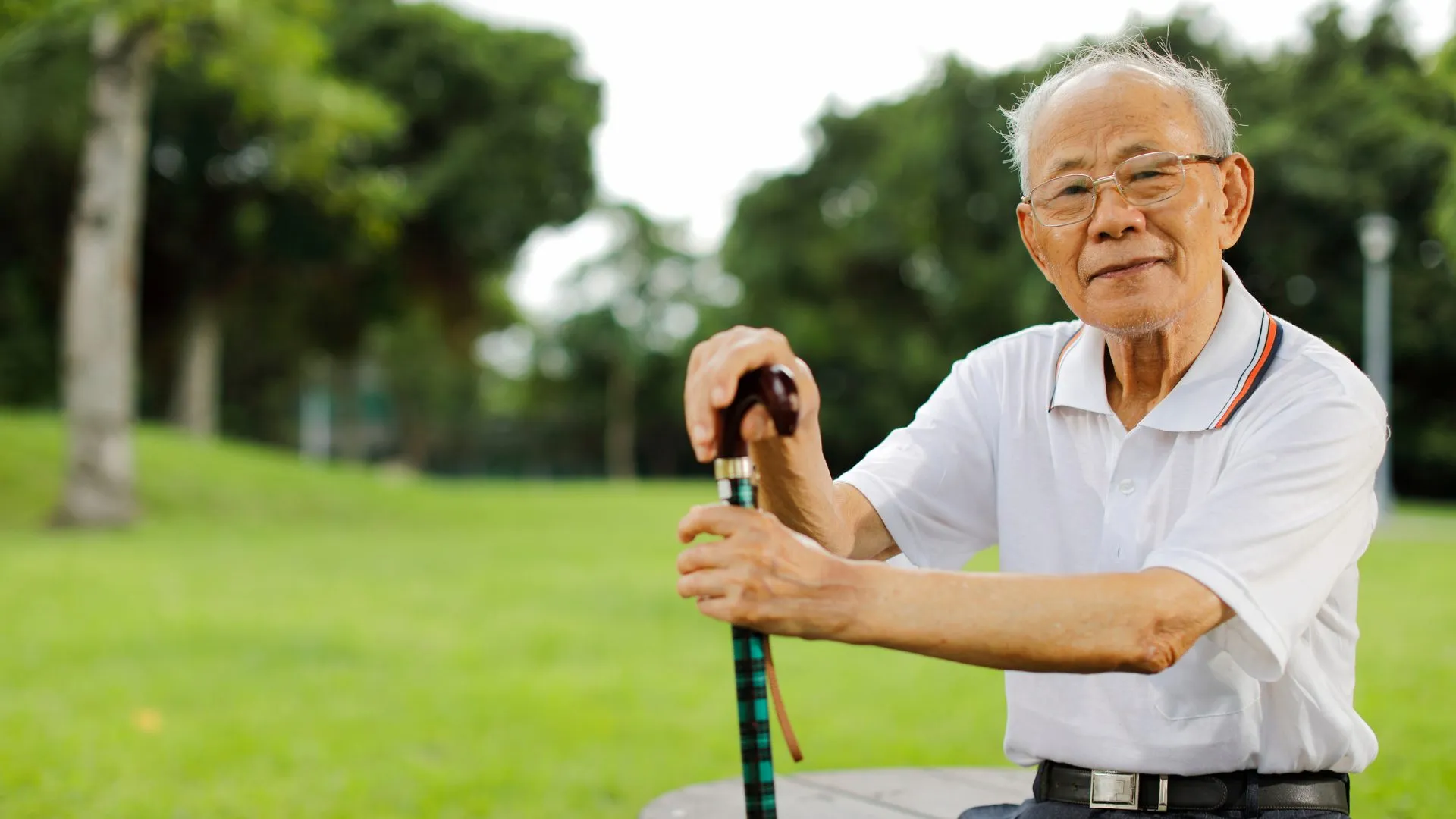 Smiling older man with a cane relaxing outdoors in a green park